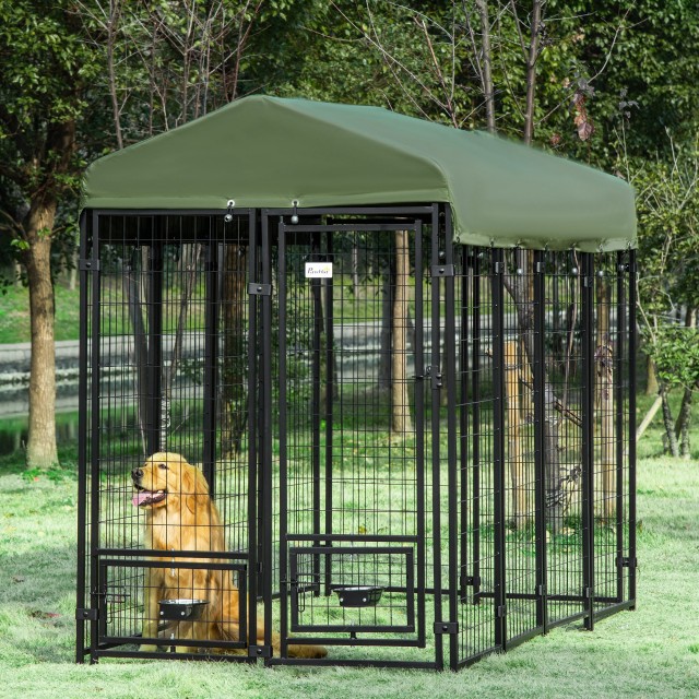 PawHut Steel Dog Kennel για εσωτερική και εξωτερική χρήση με υφασμάτινο κουβούκλιο Oxford και 2 μπολ, 244x122x183 cm D02-093GN