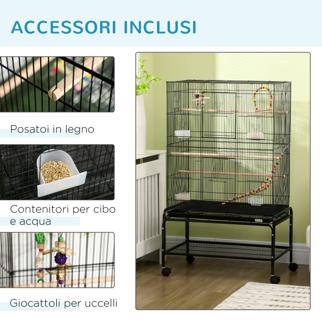 PawHut Steel Bird Cage with Perches, Toys, Food Contains and Tray, 79x49x133 cm, Μαύρο D10-090V00BK