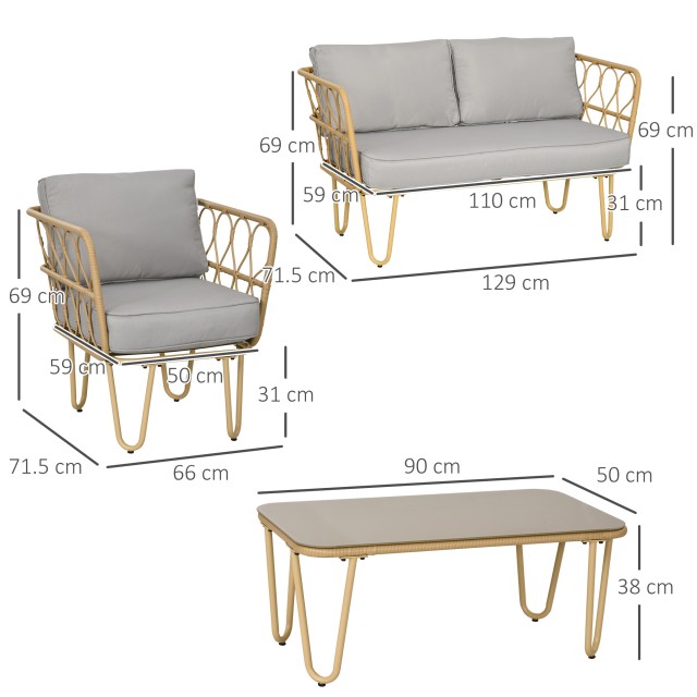 Outsunny Σετ σαλονιού Rattan Garden 4 τεμαχίων με 2θέσιο καναπέ, 2 ...