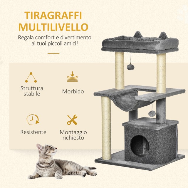 Cat Tree με Σιζάλ Σχοινί ξύσιμο Σπίτι Μαξιλάρι και αιώρα Λούτρινο και τσόχα κάλυμμα Γκρι 48 x 48 x 90 cm PawHut D30-491
