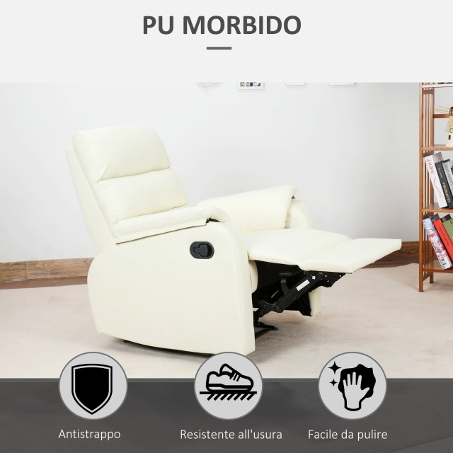 Homcom Manual Ανακλινόμενη Πολυθρόνα Relax σε Δερματίνη, Κρέμα, 75x92x99cm 833-386WT